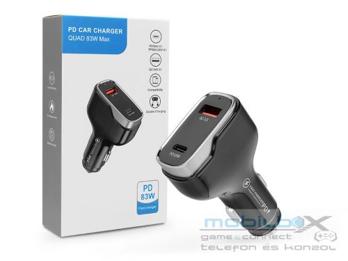 Quad szivargyújtó töltő adapter USB + Type-C bemenettel - 83W - Quad CC53-1A1C  Car Charger PD 65W + QC 3.0 - fekete