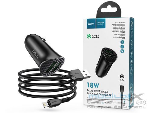 HOCO 2xUSB szivargyújtó töltő adapter + USB - Lightning kábel 1 m-es vezetékkel - 18W - HOCO Z39 Dual Port QC3.0 Quick Car Charger Set - fekete