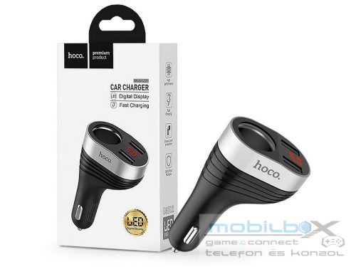 HOCO 2xUSB szivargyújtó töltő adapter + szivargyújtós aljzattal, LED kijelzővel - 15W - HOCO Z29 Car Charger - fekete/ezüst