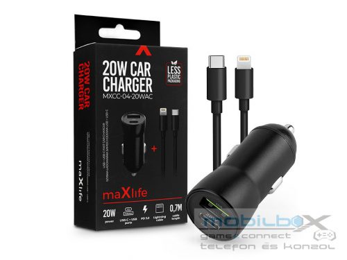 Maxlife szivargyújtós töltő adapter USB + Type-C bemenettel + Type-C - Lightningkábel - 20W - Maxlife MXCC-04-20WAC PD3.0 + QC3.0 Car Charger - fekete