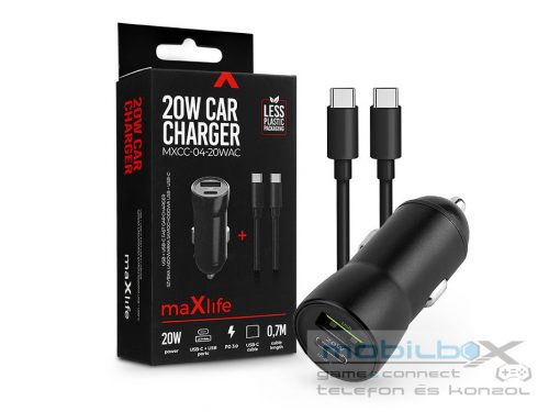 Maxlife szivargyújtós töltő adapter USB + Type-C bemenettel + Type-C - Type-C   kábel - 20W - Maxlife MXCC-04-20WAC PD3.0 + QC3.0 Car Charger - fekete