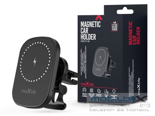 Maxlife szellőzőrácsba illeszthető vezeték nélküli autós tartó/gyorstöltő       MagSafe funkcióval - 15W - Maxlife MXCH-16 Magnetic Car Holder - fekete