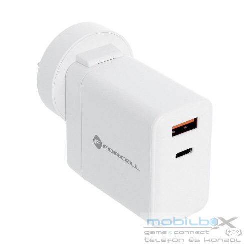 FORCELL F-ENERGY TFK-TC-45WPDAC travel charger 3in1 Type C + USB A PD QC4.0 3A 45W with replaceable plugs (EU / UK / US) white