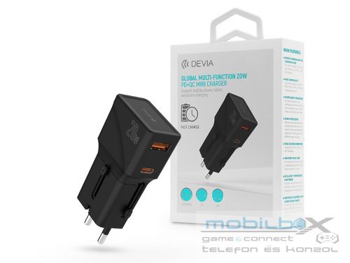 Devia többfunkciós globális hálózati töltő utazó adapter (CN/JP/US/EU/UK/AU) -  Devia Global Multi-Function 20W PD + QC Mini Charger - fekete