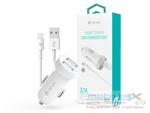 Devia szivargyújtós töltő adapter 2xUSB bemenettel + USB - Lightning kábel - 15W- Devia Smart Series Dual Car Charger Suit - fehér