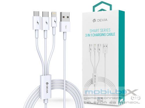 Devia USB töltőkábel 1,2 m-es vezetékkel - Devia Smart Series 3in1 for          Lightning/micro USB/Type-C - 2A - fehér