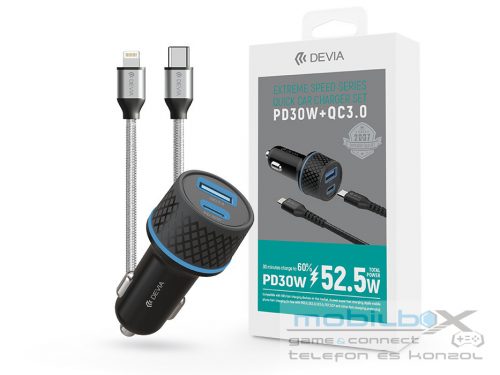 Devia szivargyújtós töltő adapter USB + Type-C bemenettel + Lightning - Type-C  kábel - 52,5W - Devia Extreme Speed Series Quick Car Charger Set PD 30W + QC 3.0- fekete