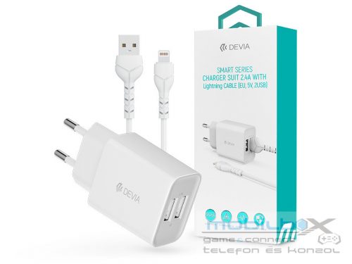 Devia Smart 2xUSB hálózati töltő adapter + USB - Lightning USB kábel 1 m-es     vezetékkel - 12W - Devia Smart Series Charger Suit With Lightning Cable - fehér