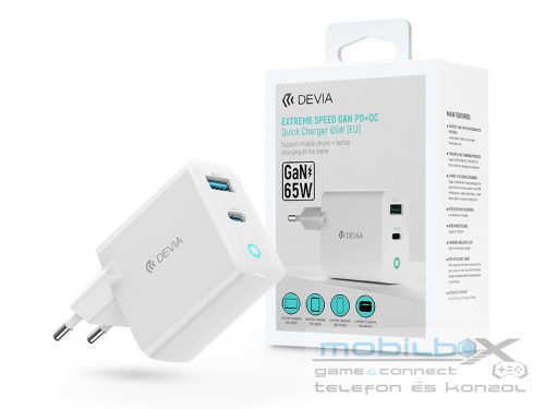 Devia GaN hálózati töltő adapter USB + Type-C bemenettel - 65W - Devia Extreme  Speed GaN PD + QC Quick Charger - fehér