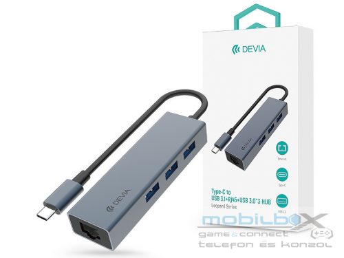 Devia USB Type-C - USB 3.1 + RJ45 + 3xUSB 3.0 elosztó/adapter - Devia Leopard   Series 5 in 1 Hub - szürke