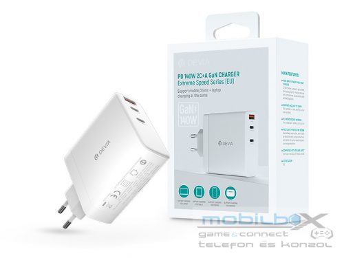 Devia GaN hálózati töltő adapter USB + 2xType-C bemenettel - 140W - Extreme     Speed Series PD 140W 2C+A GaN Charger - fehér