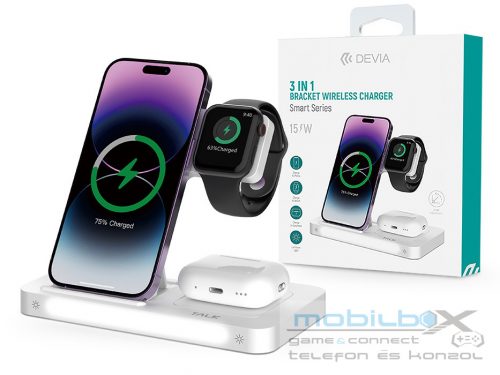 Devia Qi univerzális vezeték nélküli töltő állomás - 15W - Devia Smart Series 3 In 1 Bracket Wireless Charger for Smartphone + iWatch + Airpods - fehér