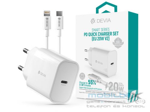 Devia hálózati töltő adapter Type-C bemenettel + Type-C - Lightning kábel - 20W - Devia Smart Series PD Quick Charger V2 - fehér