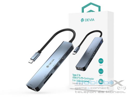 Devia USB Type-C - 3xUSB 3.0 + PD + Kártyaolvasó elosztó/adapter - Devia Leopard5in1 Hub (Updated) -  szürke