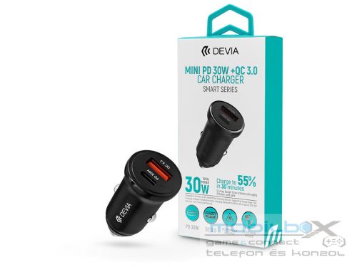 Devia szivargyújtó töltő adapter USB + Type-C bemenettel - 30W - Devia Smart    Series Mini PD 30W + QC 3.0 Car Charge - fekete