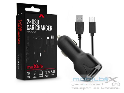 Maxlife 2xUSB szivargyújtó töltő adapter + USB - Type-C kábel 1 m-es vezetékkel - 12W - Maxlife MXCC-01 Type-C 2xUSB Car Fast Charger - fekete