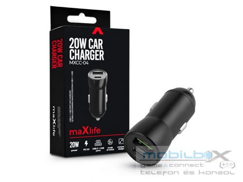 Maxlife szivargyújtós töltő adapter USB + Type-C bemenettel - 20W - Maxlife     MXCC-04 PD3.0 + QC3.0 Car Charger - fekete