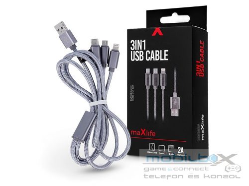 Maxlife USB töltő- és adatkábel 1 m-es vezetékkel - Maxlife 3in1 for            Lightning/microUSB/Type-C USB Cable - 5V/2A - ezüst