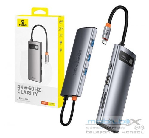 Baseus Gleam Hub 7 in1 USB-C - HDMI4K 60Hz + 3x USB3.0 + PD + SD/TF, szürke