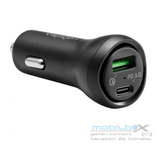 Spigen Essential F31QC Quick Charge 3.0 autós szivargyújtó töltő adapter, USB + Type-C, 27W, fekete