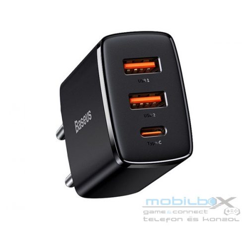 Baseus Compact gyorstöltő adapter 30W Type-C + 2XUSB, fekete