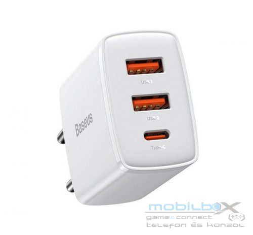 Baseus Compact gyorstöltő adapter 30W Type-C + 2XUSB, fehér