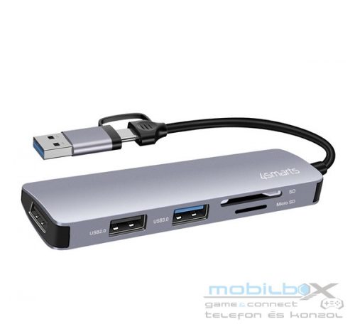 4smarts USB/Type-C Hub, 5-in-1, 2XUSB 2.0, 1XUSB 3.0, kártyaolvasó