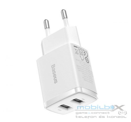 Baseus hálózati gyorstöltő 2xUSB, 10.5W, fehér