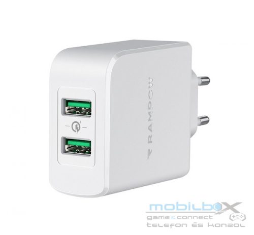 Rampow RBA16 hálózati gyorstöltő adapter 2xUSB QC, 39W, fehér