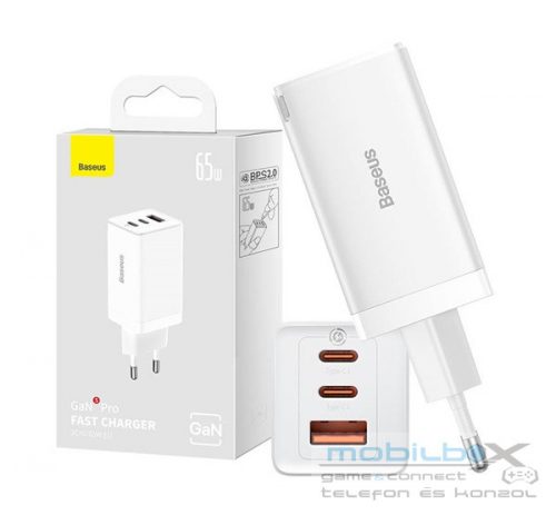 Baseus GaN5 Pro hálózati töltő 2xType-C + USB, Type-C-Type-C kábellel, 65W, fehér