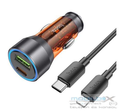 Hoco NZ12A autós szivargyújtó töltő USB QC 18W + Type-C 25W Type-C kábellel, (Lightning PD43W) átlátszó-narancssárga