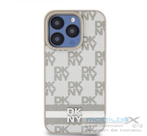 DKNY PU Leather Checkered Pattern and Stripe iPhone 13 Pro hátlap tok, bézs