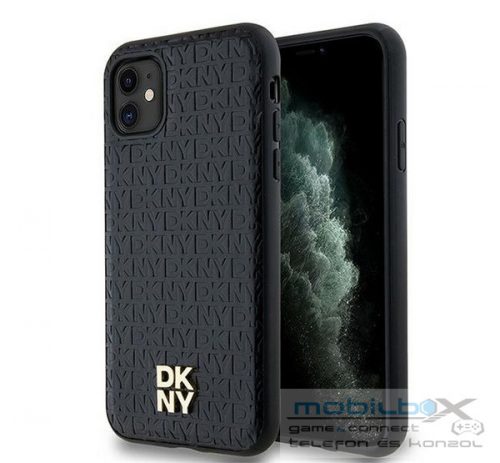 DKNY PU Leather Repeat Pattern Stack Logo Apple iPhone 11 Magsafe kompatibilis hátlap tok, fekete