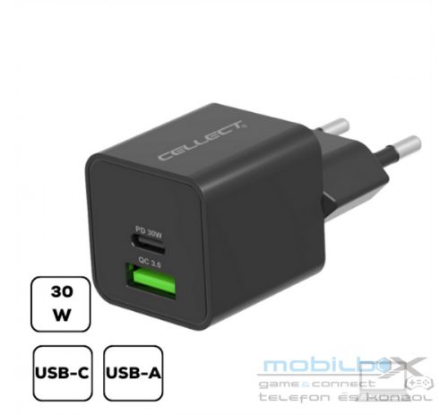 Hálózati töltő adapter Type-C + USB, PD 30W / QC3.0 18W, fekete