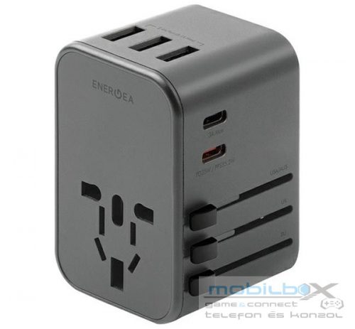 Energea Travelworld 4in1 3xUSB / 2x Type-C utazó gyorstöltő adapter, (PD-PPS-QC 3.0) 35.5W, szürke (US/UA/EU/UK) 