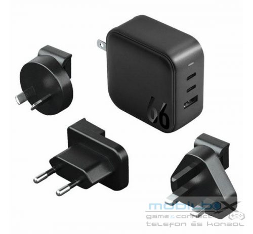 Energea Travelite GAN66 1xUSB / 2xType-C utazó gyorstöltő adapter, (PD-PPS-QC 3.0) 66W, fekete (US/EU)