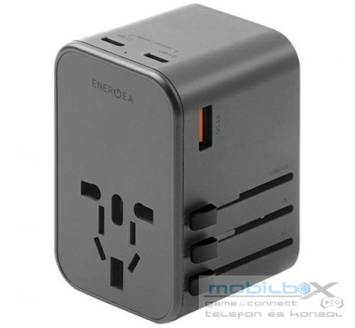 Energea Travelworld GaN65 4in1 1xUSB / 2xType-C utazó gyorsöltő adapter, (PD-PPS-QC 3.0) 65W, szürke (US/UA/EU/UK)