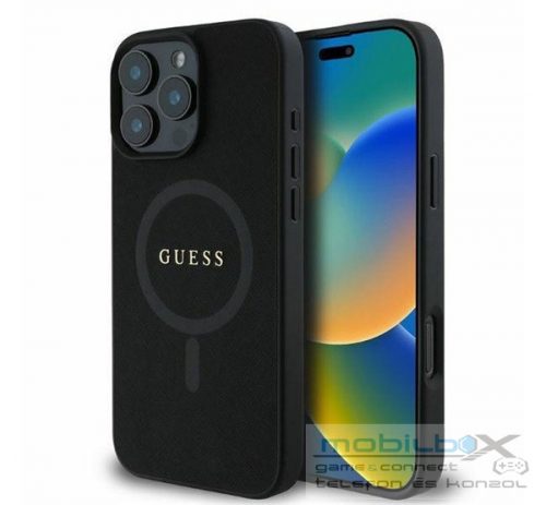 Guess Saffiano Classic Logo Apple iPhone 16 Pro Magsafe kompatibilis hátlap tok, fekete/barna GUHMP16LPSAHMCK