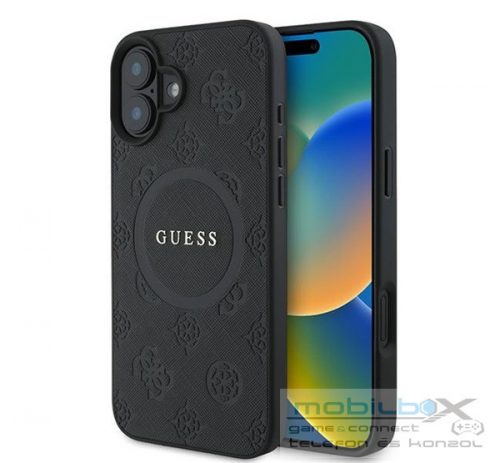 Guess Saffiano Peony Classic Logo Apple iPhone 16 Plus hátlap tok, fekete/barna GUHMP16MPSAPSMEK