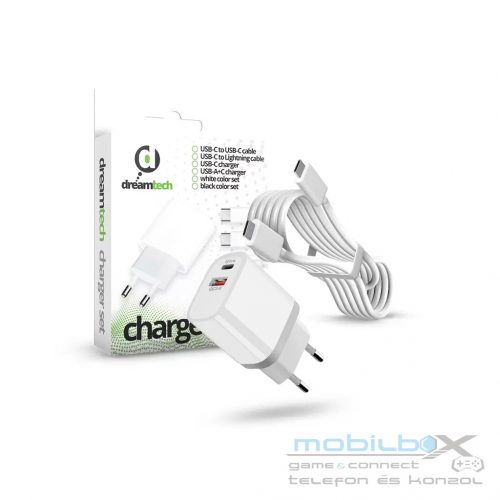 Dreamtech PD Charger Set USB-C+A 20W+QC3.0-s adapterrel és USB-C / USB-C kábellel FEHÉR