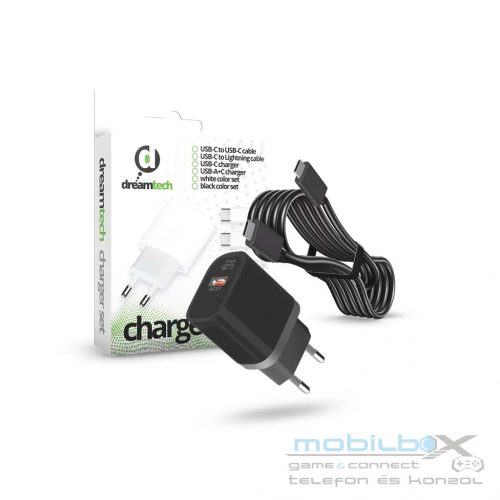 Dreamtech PD Charger Set USB-C+A 20W+QC3.0-s adapterrel és USB-C / USB-C kábellel FEKETE