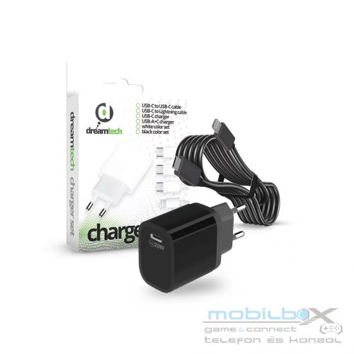 Dreamtech PD Charger Set USB-C 20W-os adapterrel és USB-C / Lightning kábellel FEKETE